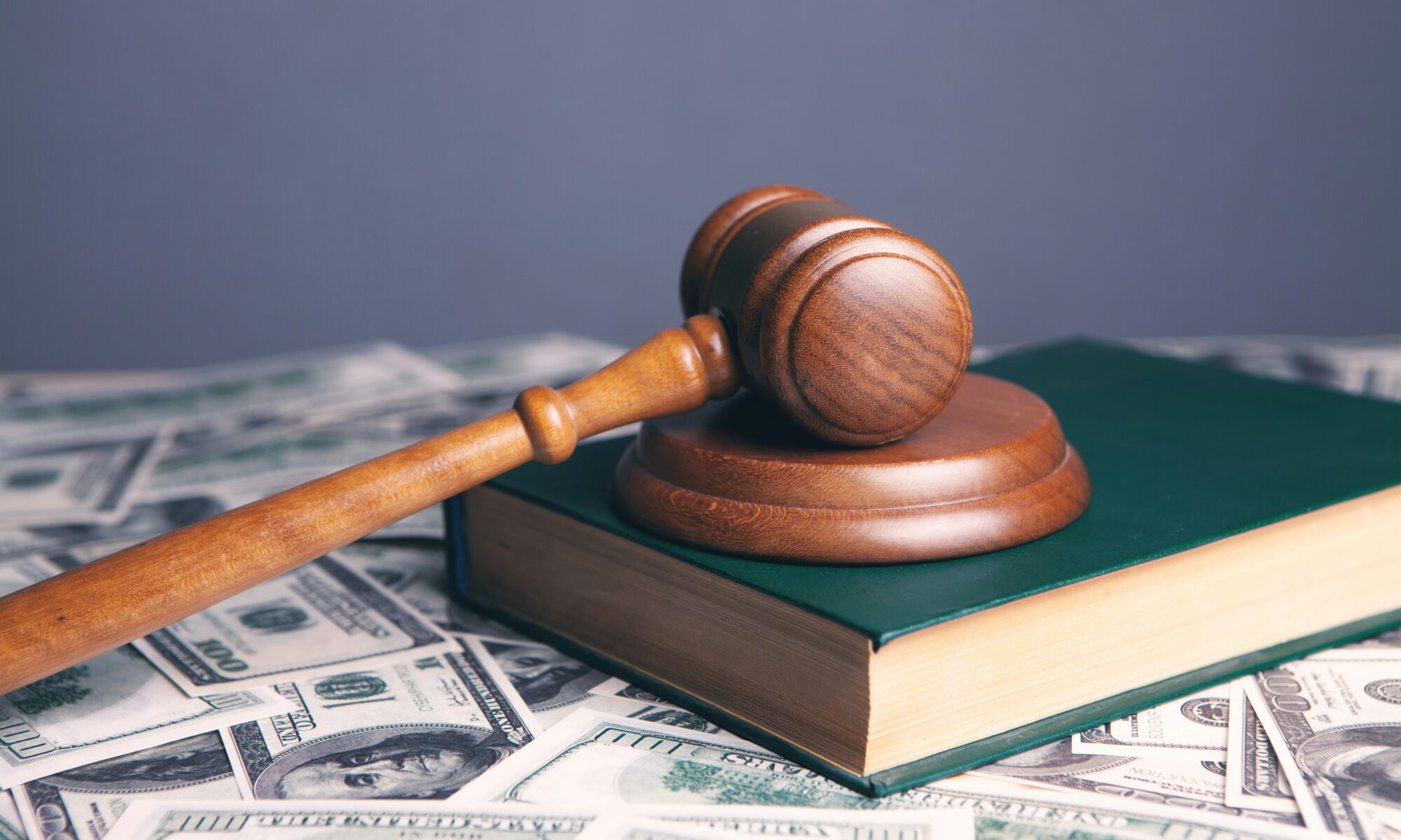 wooden gavel on top of book with money beneath