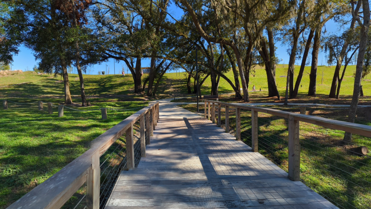 Shaded pathway at Bonnet Springs Park Wesley Chapel FL